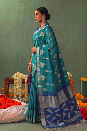Turquoise Woven Silk Saree (ACB1647)