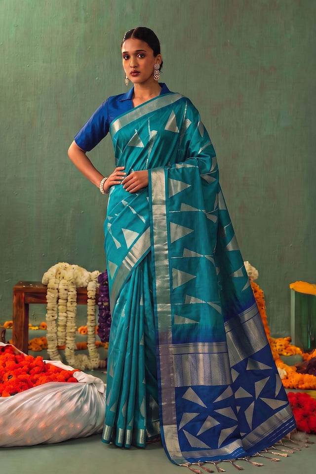Turquoise Woven Silk Saree (ACB1647)