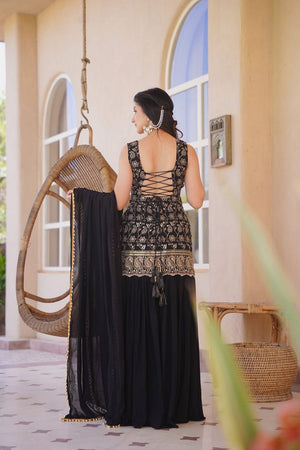 Black Sequin with Embroidered Silk Blend Sharara Suit (ACB1652)