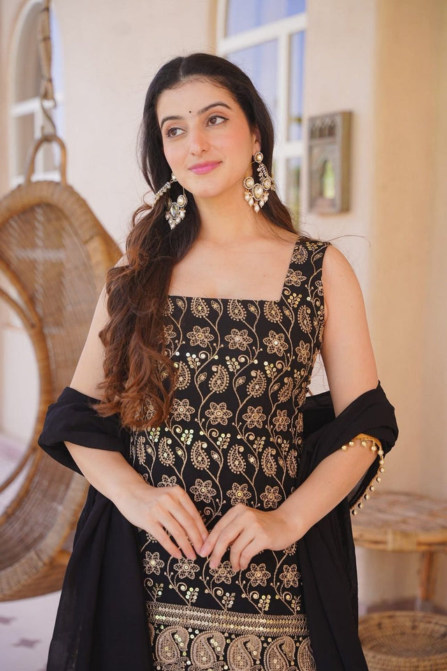 Black Sequin with Embroidered Silk Blend Sharara Suit (ACB1652)