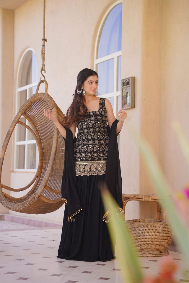 Black Sequin with Embroidered Silk Blend Sharara Suit (ACB1652)