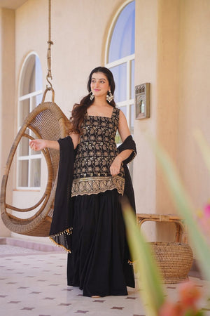 Black Sequin with Embroidered Silk Blend Sharara Suit (ACB1652)
