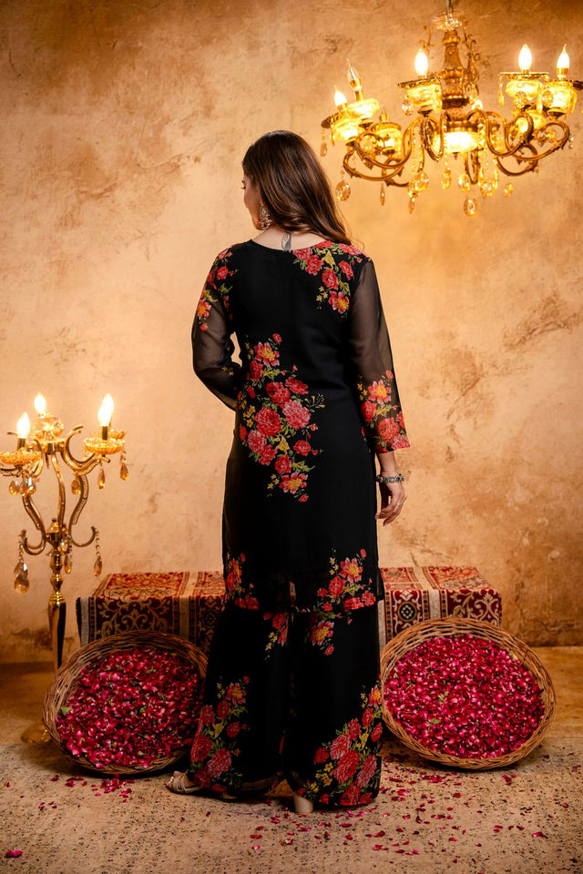 Black Floral Printed Georgette Palazzo Suit (ACB1653)