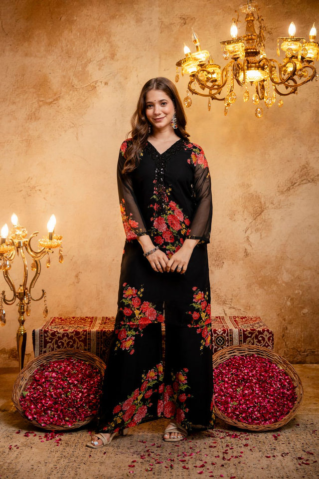 Black Floral Printed Georgette Palazzo Suit (ACB1653)