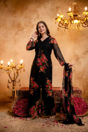 Black Floral Printed Georgette Palazzo Suit (ACB1653)