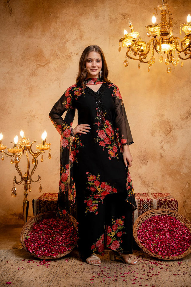 Black Floral Printed Georgette Palazzo Suit (ACB1653)