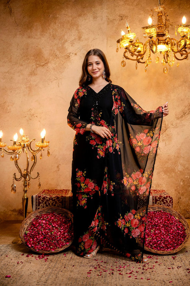 Black Floral Printed Georgette Palazzo Suit (ACB1653)