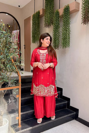 Red Embroidered Crepe Palazzo Suit (ACB1655)