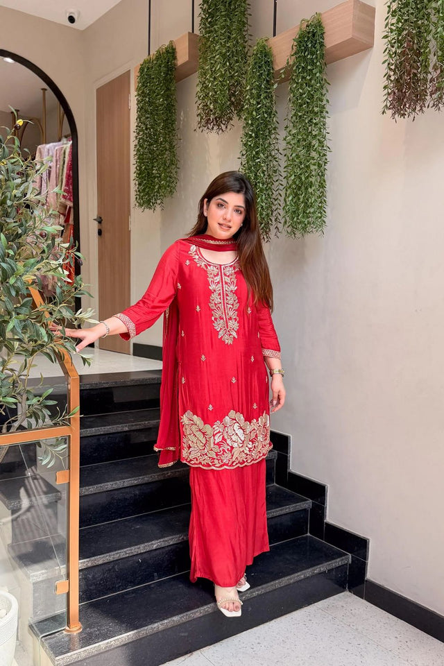 Red Embroidered Crepe Palazzo Suit (ACB1655)