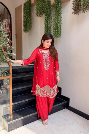Red Embroidered Crepe Palazzo Suit (ACB1655)