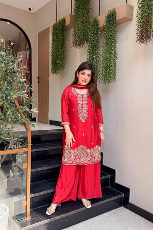 Red Embroidered Crepe Palazzo Suit (ACB1655)