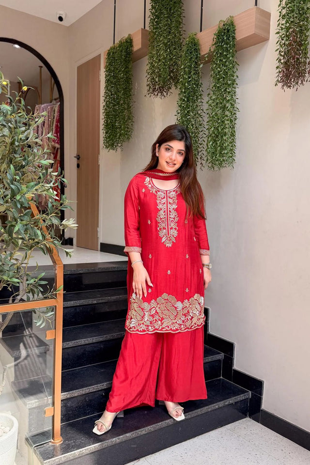 Red Embroidered Crepe Palazzo Suit (ACB1655)