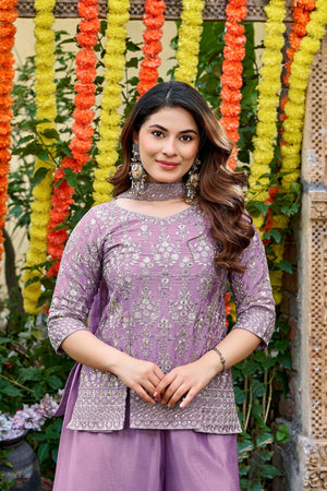 Purple Floral Embroidered Chinon Palazzo Suit (ACB1656)