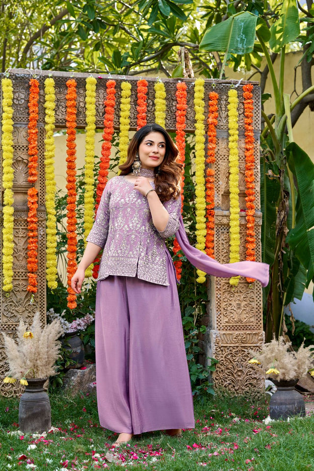 Purple Floral Embroidered Chinon Palazzo Suit (ACB1656)