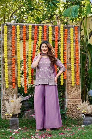 Purple Floral Embroidered Chinon Palazzo Suit (ACB1656)