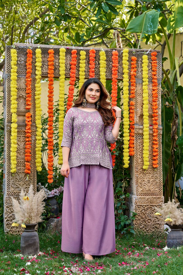 Purple Floral Embroidered Chinon Palazzo Suit (ACB1656)