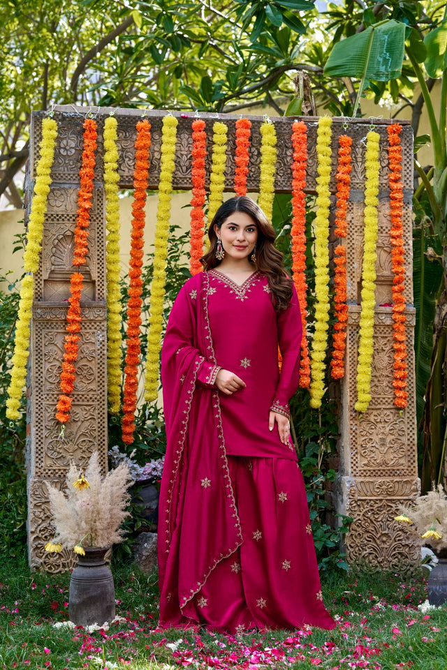 Pink Sequin with Embroidered Viscose Sharara Suit (ACB1657)