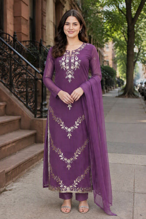 Purple Floral Embroidered Georgette Straight Cut Suit (ACB1658)