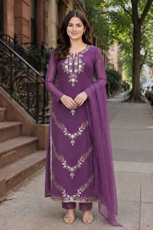 Purple Floral Embroidered Georgette Straight Cut Suit (ACB1658)