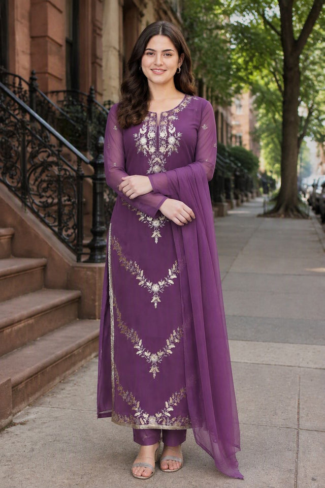 Purple Floral Embroidered Georgette Straight Cut Suit (ACB1658)