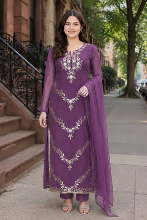 Purple Floral Embroidered Georgette Straight Cut Suit (ACB1658)
