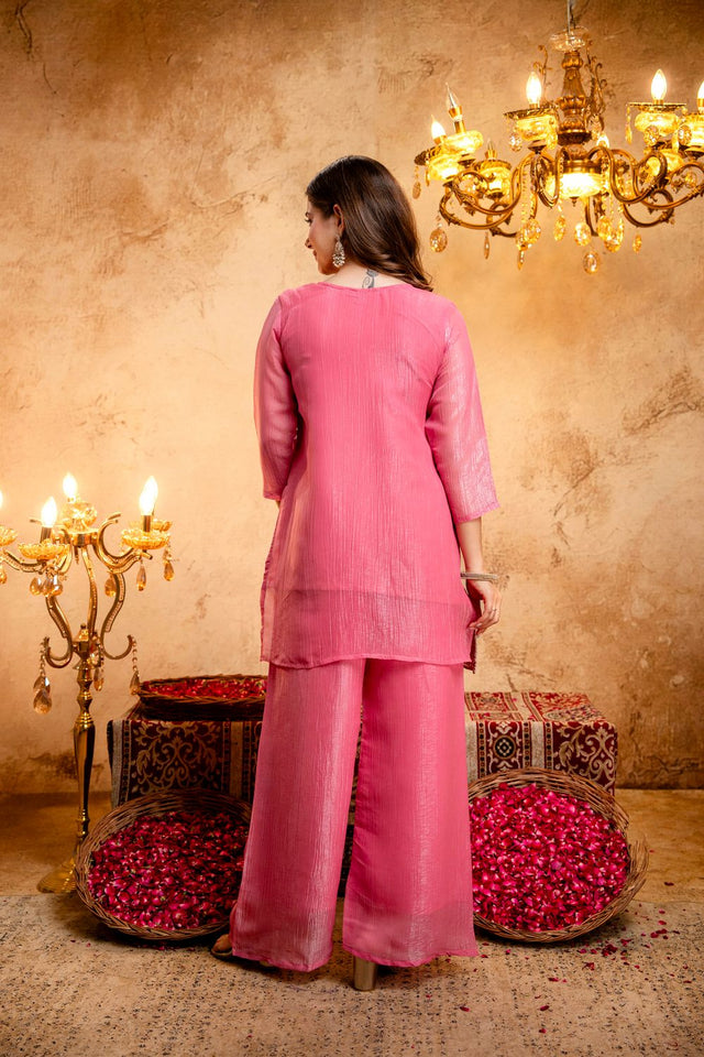 Pink Heavy Embroidered Silk Blend Palazzo Suit (ACB1659)