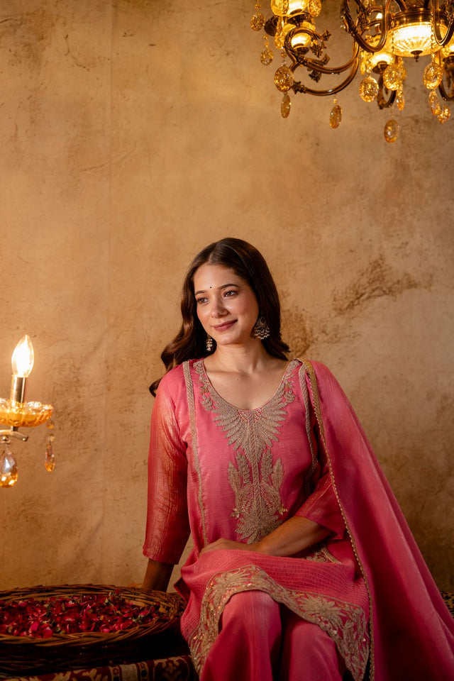 Pink Heavy Embroidered Silk Blend Palazzo Suit (ACB1659)