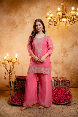 Pink Heavy Embroidered Silk Blend Palazzo Suit (ACB1659)
