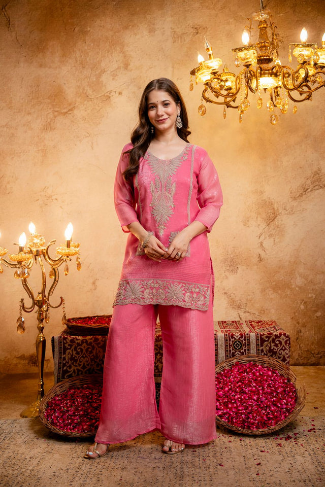 Pink Heavy Embroidered Silk Blend Palazzo Suit (ACB1659)