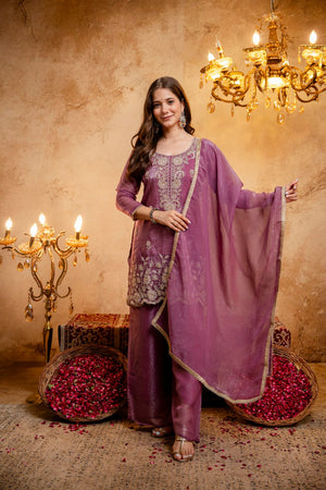 Purple Floral Embroidered Silk Blend Palazzo Suit (ACB1660)