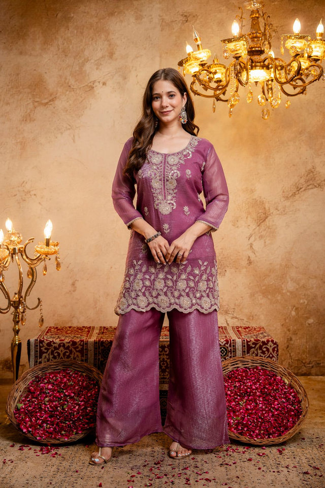 Purple Floral Embroidered Silk Blend Palazzo Suit (ACB1660)
