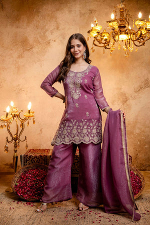 Purple Floral Embroidered Silk Blend Palazzo Suit (ACB1660)