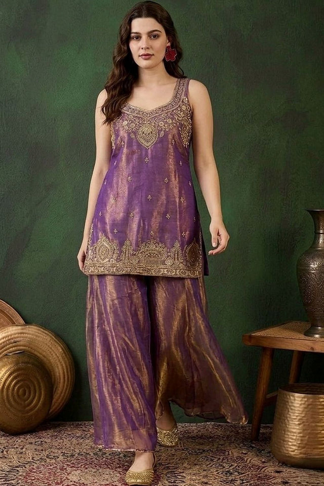 Purple Heavy Embroidered Satin Sharara Suit (ACB1661)