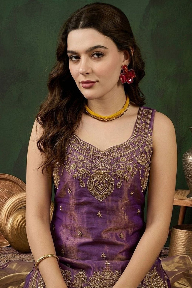 Purple Heavy Embroidered Satin Sharara Suit (ACB1661)