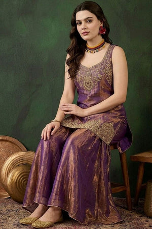 Purple Heavy Embroidered Satin Sharara Suit (ACB1661)