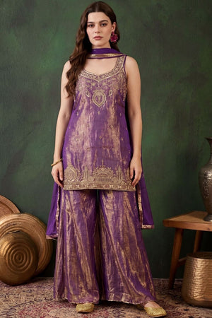 Purple Heavy Embroidered Satin Sharara Suit (ACB1661)