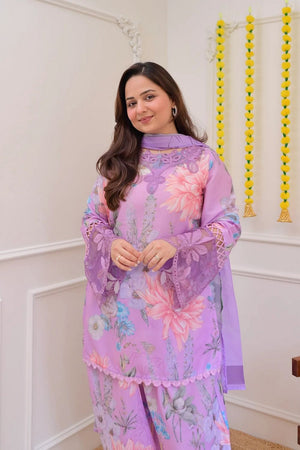 Lavender Floral Printed Georgette Kurti Pant Set (ACB1662)