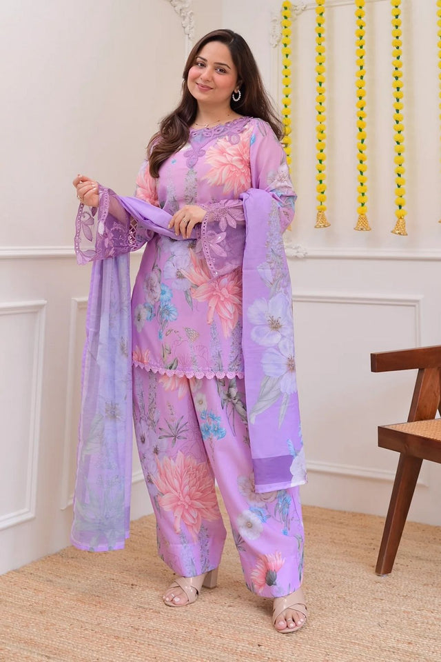 Lavender Floral Printed Georgette Kurti Pant Set (ACB1662)