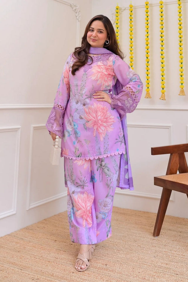 Lavender Floral Printed Georgette Kurti Pant Set (ACB1662)