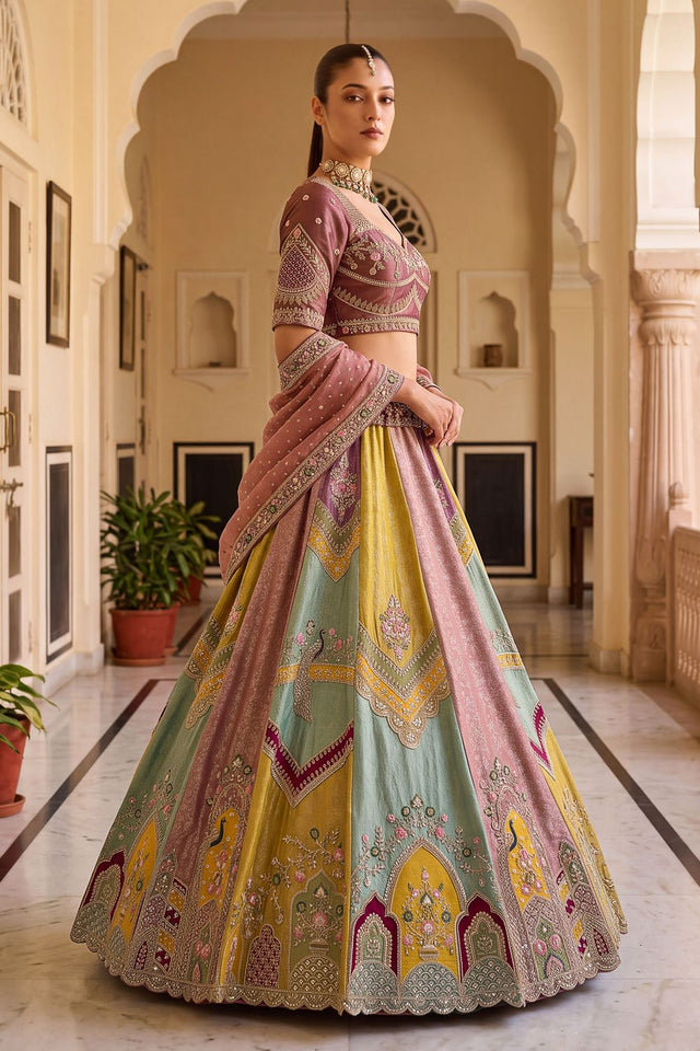 Multi-Color Heavy Embroidered Silk Lehenga (ACB1671)