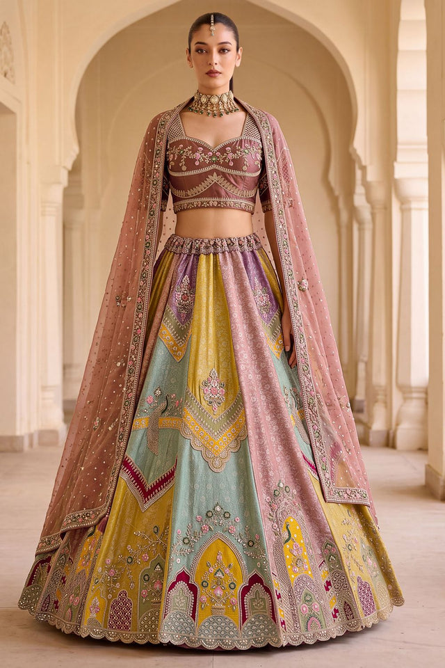 Multi-Color Heavy Embroidered Silk Lehenga (ACB1671)