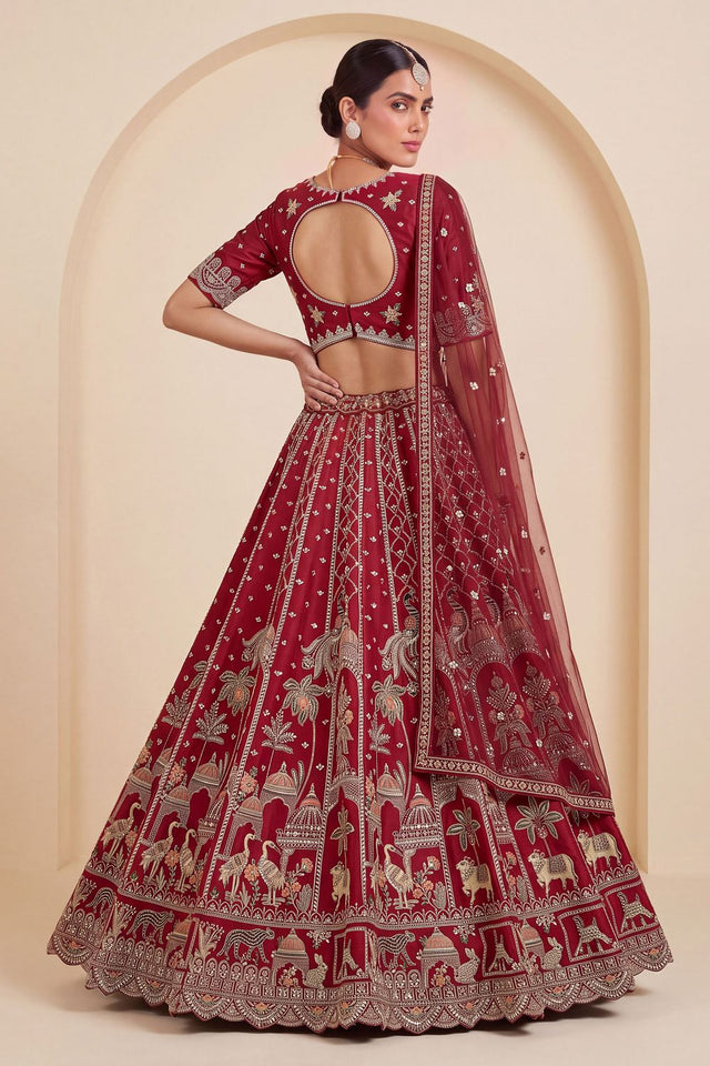 Red Heavy Embroidered Silk Lehenga (ACB1672)