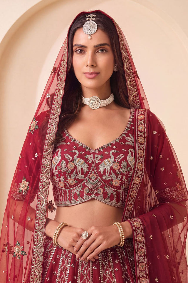 Red Heavy Embroidered Silk Lehenga (ACB1672)