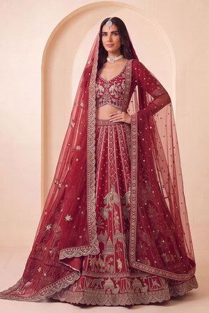 Red Heavy Embroidered Silk Lehenga (ACB1672)