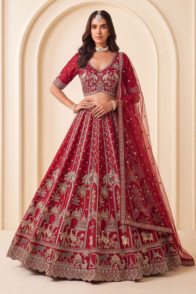 Red Heavy Embroidered Silk Lehenga (ACB1672)