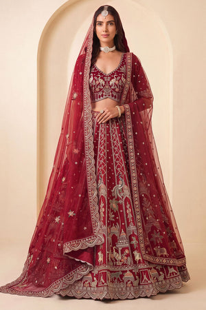 Red Heavy Embroidered Silk Lehenga (ACB1672)