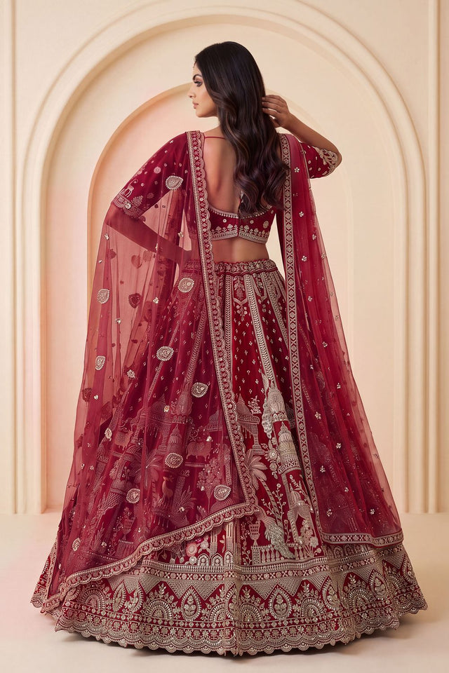 Red Heavy Embroidered Silk Lehenga (ACB1674)