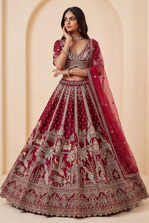 Red Heavy Embroidered Silk Lehenga (ACB1674)