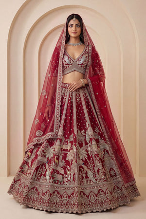 Red Heavy Embroidered Silk Lehenga (ACB1674)