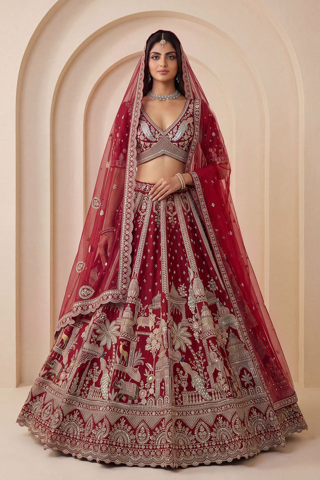 Red Heavy Embroidered Silk Lehenga (ACB1674)
